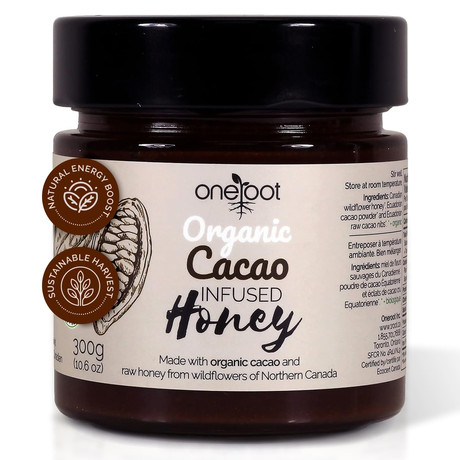 OneRoot Organic Cacao Infused Honey – 300g / 10.6oz – Pure, Unheated Chocolate honey – Northern Canadian Wildflower with Ecuadorian Arriba Criollo