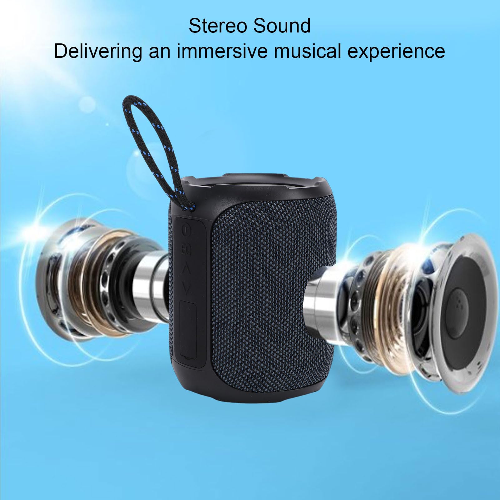 Cassa acustica con grado di protezione IPX7, subwoofer attivo da 5200 mAh, realizzata in ABS siliconico, dimensioni 130 x 130 x 105 mm.