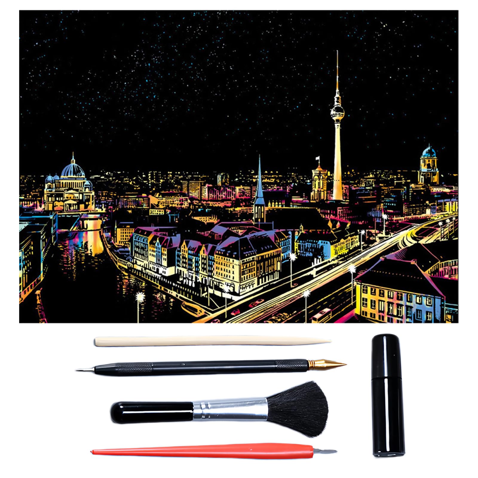 Scratch Art for Adults & Teens 16 x 11.2 Inches, Paint by Scratch Kit Adult Rainbow, Colorful Sketch DIY Night View Scratchboard (Berlin)