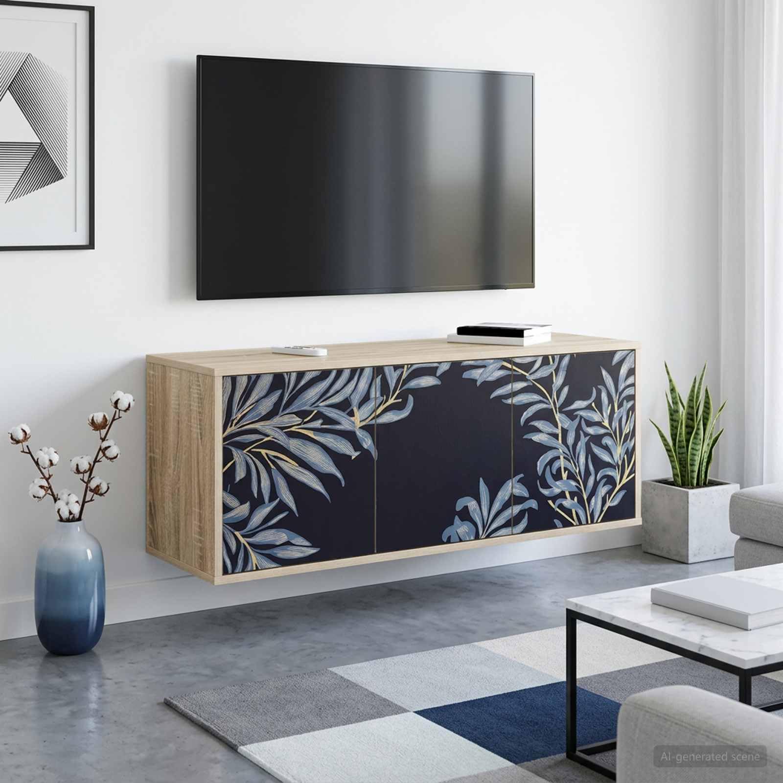 Fengshui Szafka TV montowana na ścianie 102 x 33 x 40 cm dąb Sonoma | Materiał drewnopochodny, unoszący się, dużo miejsca do przechowywania, dekoracyjny wzór, łatwy w pielęgnacji