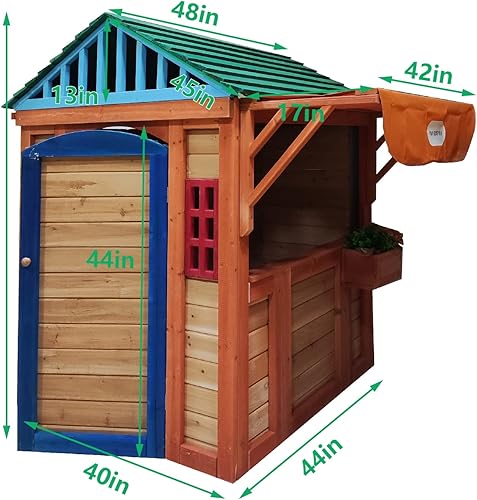 Miniatura 3 de Casa de juegos al aire libre para niños de 3 a 8 años, casa de juegos de madera con 4 ventanas de toldo de juegos, pared de bola, lanzamiento de