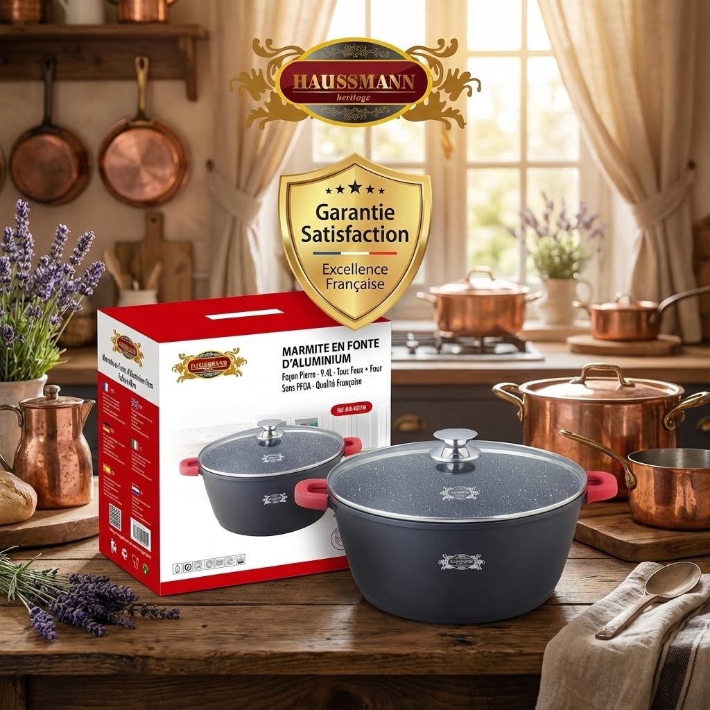 HAUSSMANN Heritage Marmite Faitout 32cm 9.4L – Fonte d'Aluminium Revêtement Pierre Antiadhésif – Compatible Induction & Four – Couvercle Verre & Poignées Silicone – Sans PFOA – Design Français