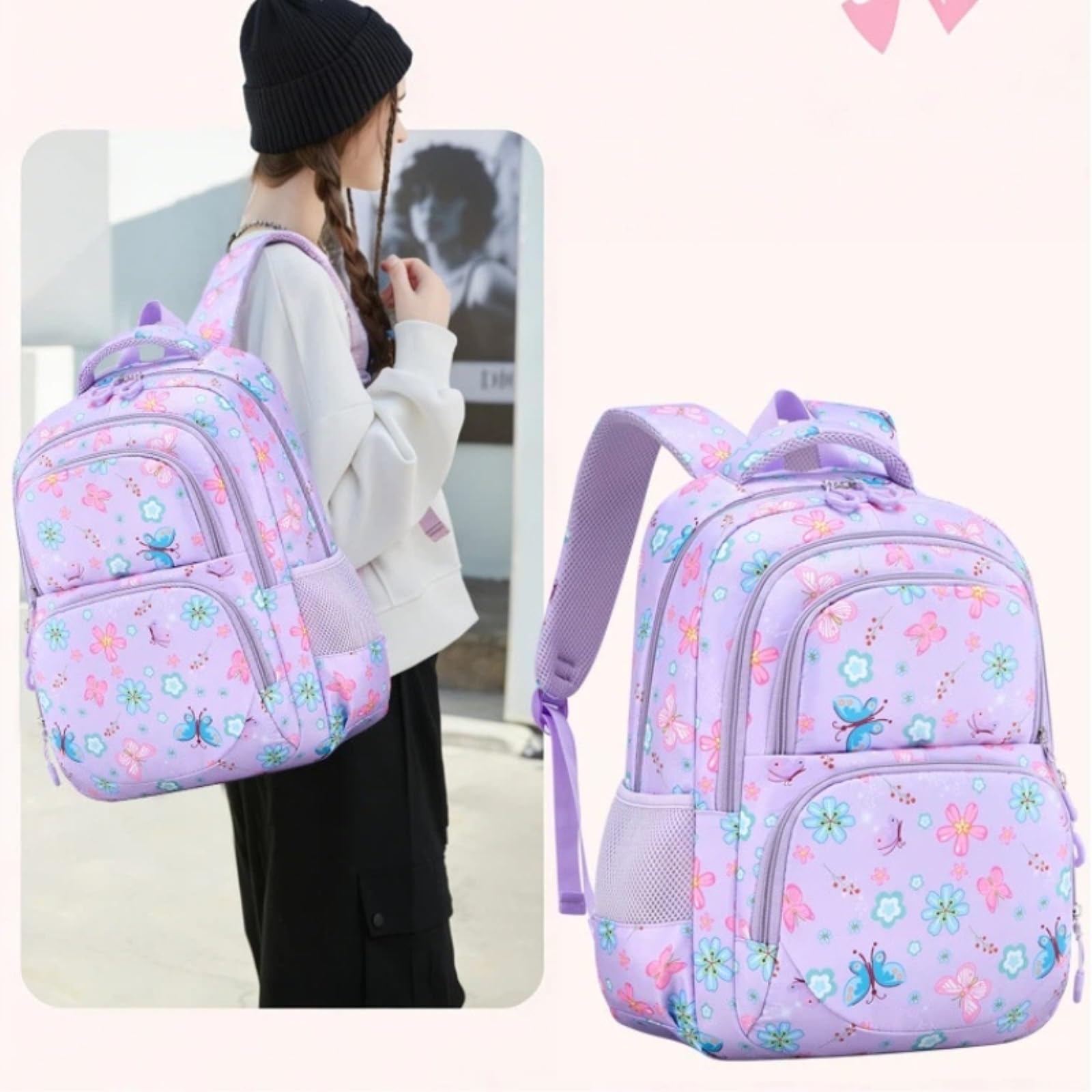 Zaino da Viaggio 3 in 1 Farfalla Floral-Stampa Set Scola con Sacchetto A Pranzo E Borsa Matita per Ragazze Adolescenti