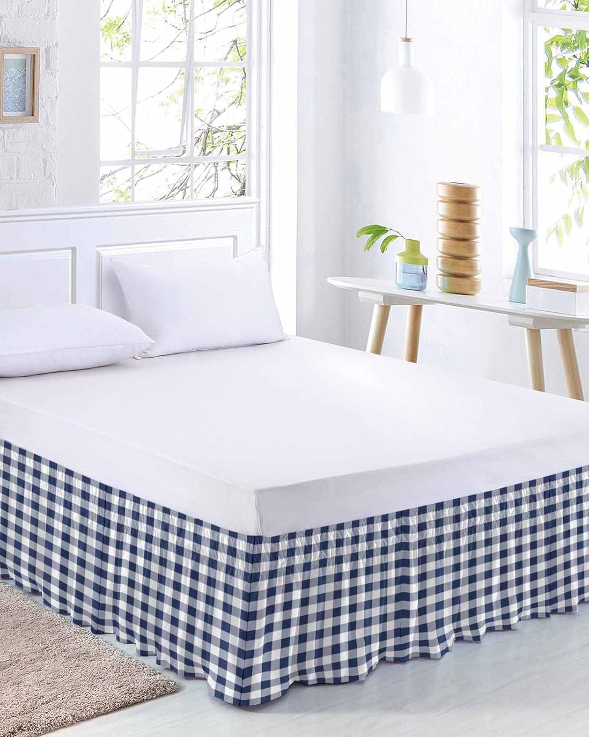 Navy Blue White Plaid Bed Skirt Cal King Size 16 Inch Drop, Adjustable Elastic Bedskirt Dust Ruffle for Cal King Bed, Farmhouse Checkered Buffalo Wrap Around Bed Skirts Pleated Bed Frame Cover