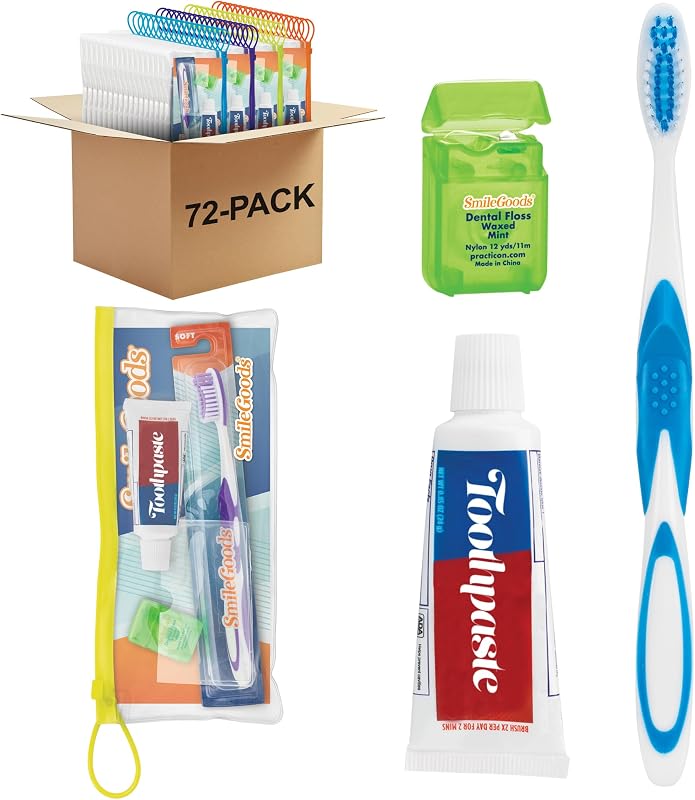 SmileGoods Adult Dental Care Kit with Toothbrush, Toothpaste, and Floss, Pack of 72