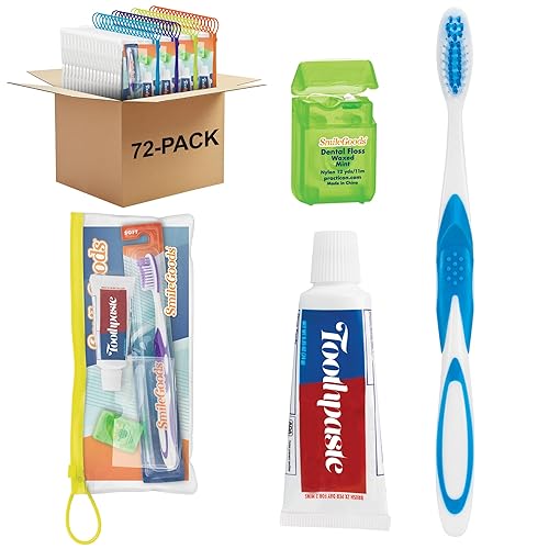 Practicon SmileGoods Kit de cuidado dental para adultos con cepillo de dientes, pasta de dientes y hilo dental, paquete de 72