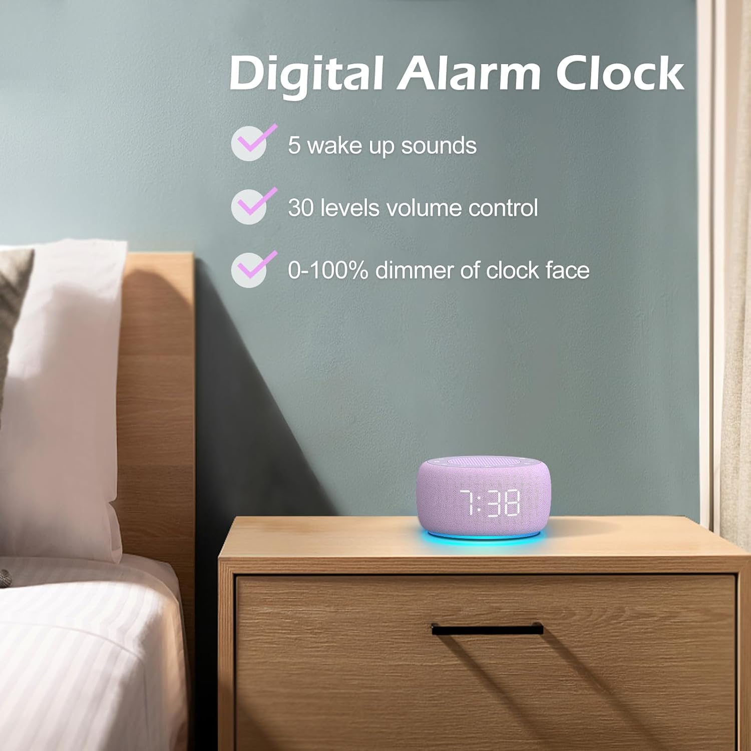 Buffbee Digital Alarm Clock features: 5 wake up sounds, 30 levels volume control, 0-100% dimmer