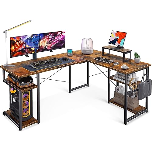 ODK 58" L Shaped Desk Computer Desk with Storage Shelves & PC Stand, Gaming Desk with Monitor Stand, Home Office Writing Desk, Modern Large Wooden Desk, Vintage