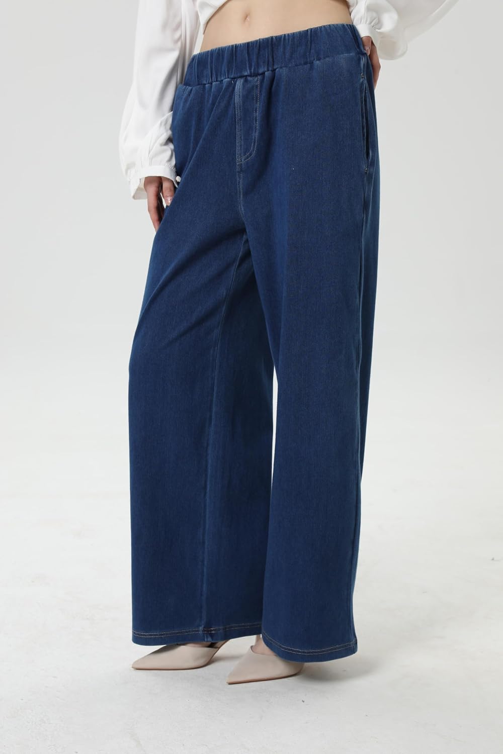 Wide Leg Jeans for Women High Waisted Pull on Loose Baggy Stretchy Casual Trendy Elastic Waist Denim Pants Mid-Blue - Image 6