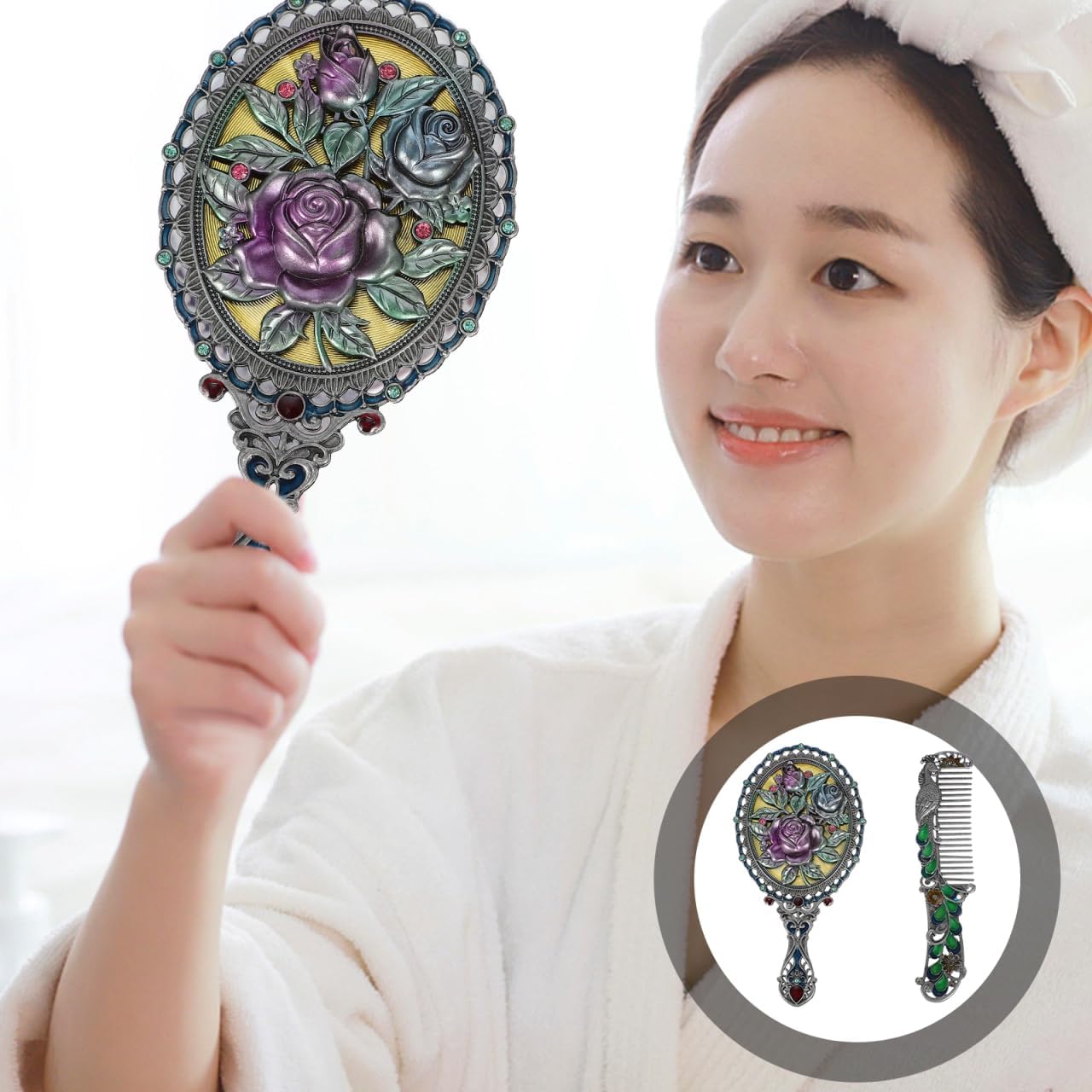Vintage Metal Handheld Makeup Mirror with Comb Set Metal Embossed Rose Handheld Tabletop Stand Makeup Mirror Compact Decorative Embossed Hair Brush Present for Women Girls Kid