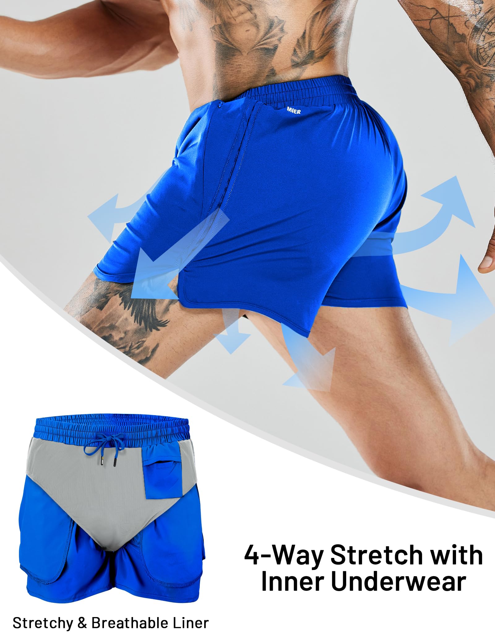 MIER Pantalones Cortos para Hombre de 3 Pulgadas, de Secado rápido, Ligeros, Resistentes al Agua, para Entrenamiento atlético, con Forro, Royal Blue 7.6Cm, L