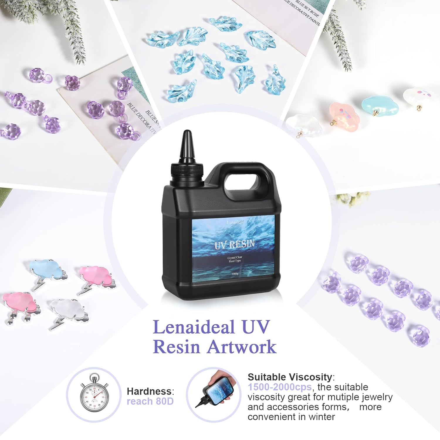 Lenaideal1000g UV Resin-Upgrade Ultraviolet Epoxy Resin Crystal Clear,High Gloss Hard Type with Fast Curing and Low Odor for Jewelry Making and Coating