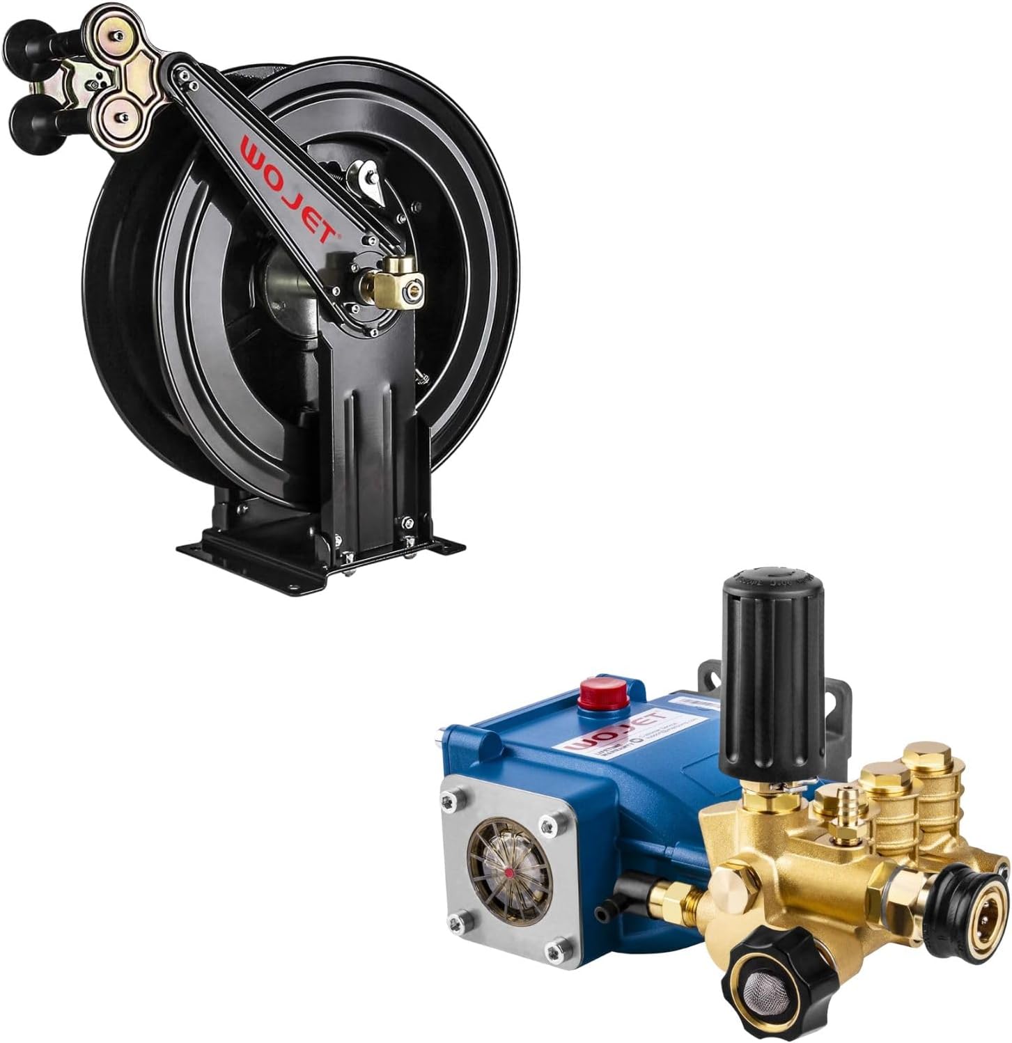 WOJET Pressure Washer Hose Reel 50 ft x 3/8 in ＆ Triplex Plunger Pressure Washer Pump