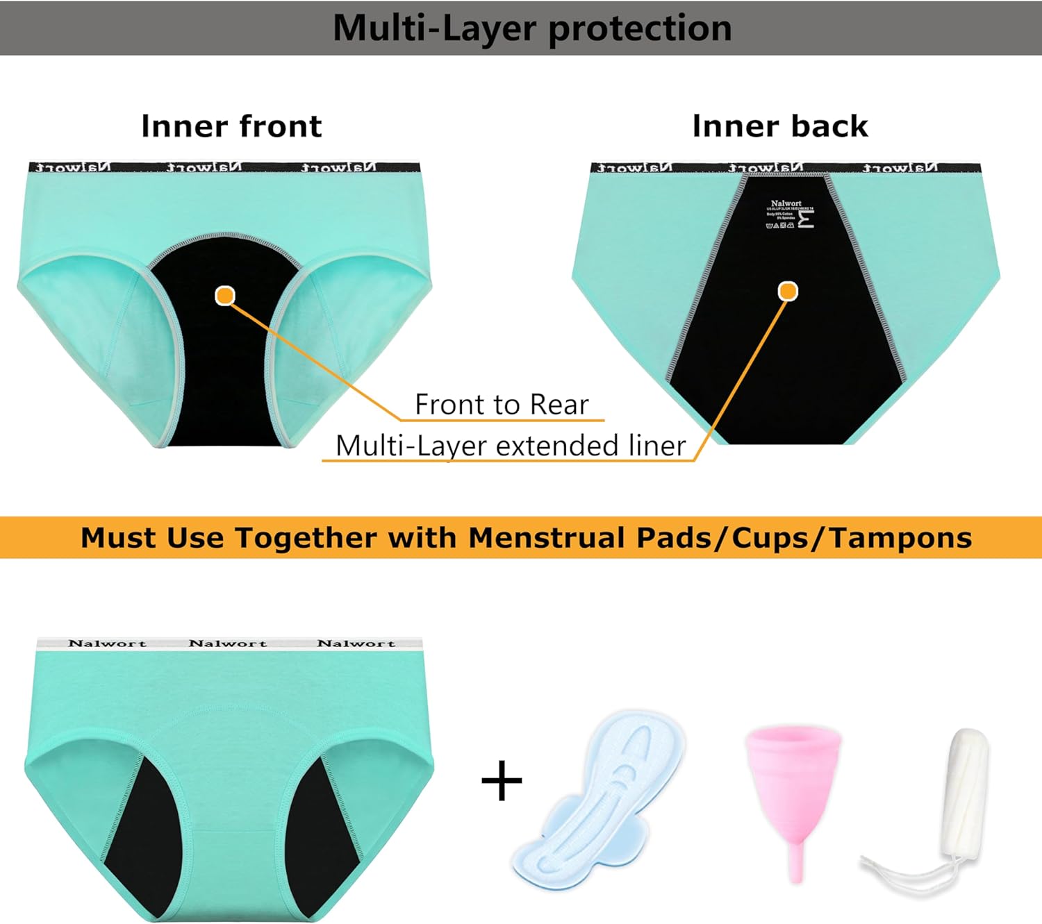 Nalwort Teen Girls Period Underwear Menstrual Period Panties Leak-Proof Cotton Protective Briefs Pack of 6 - Image 2