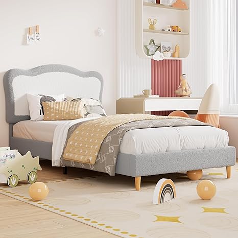 GarveeHome Full Size Bed Frame for Kids, Bed frames with two-tone scalloped headboard, Velvet Twin Bed for Girls, Boys, No Box Spring Needed, Wooden Slats, Noise Free, Sturdy Platform Bed (Grey White)