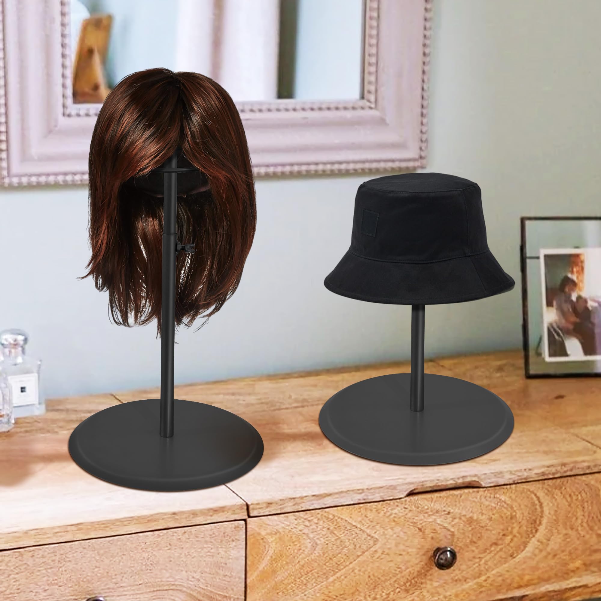 KORETECH 4 Pcs Hat Display Stand 12''-19'' Height Adjustable, Stable Stainless Steel Wig Storage Stands, Hat Display Rack for Multiple Hats, Black