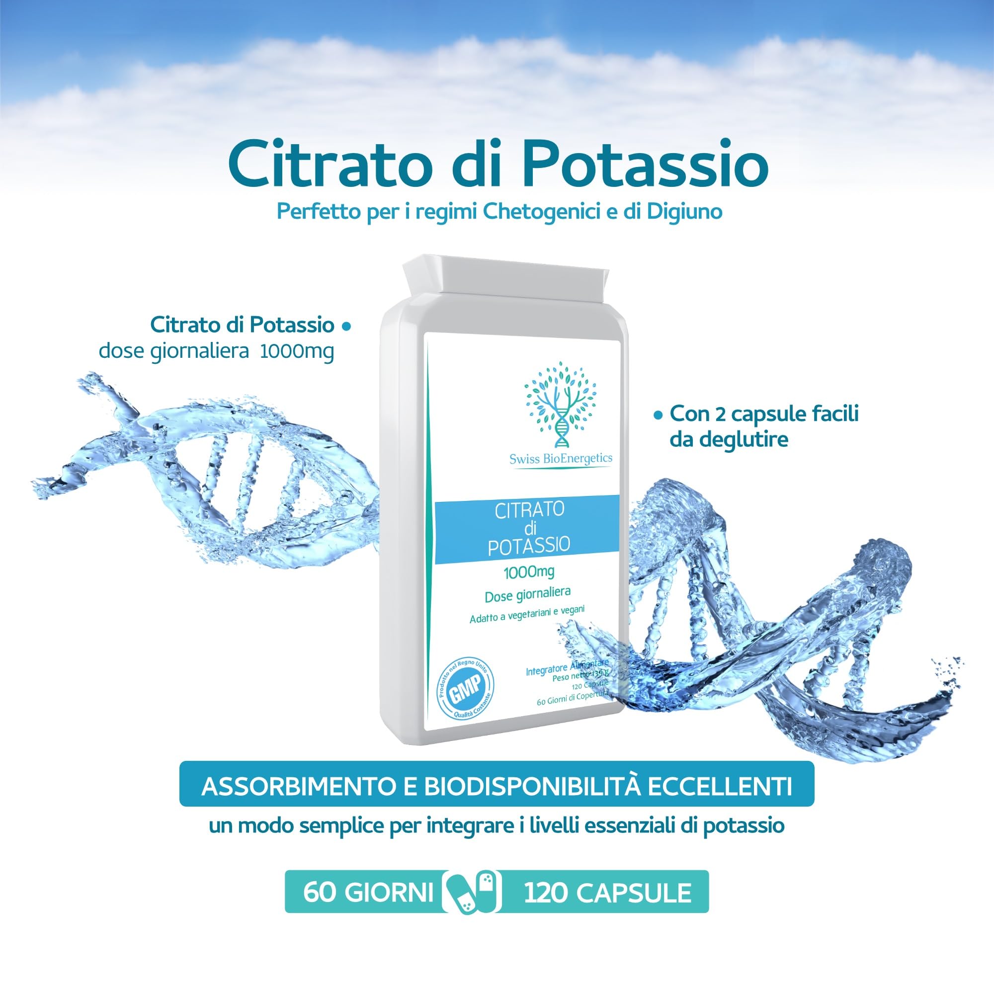 Citrato di potassio 1000 mg al giorno - 120 capsule vegane - Supporto elettrolitico ad alta resistenza con una biodisponibilità e un assorbimento eccellenti - Ottimo per la chetogenesi e il digiuno