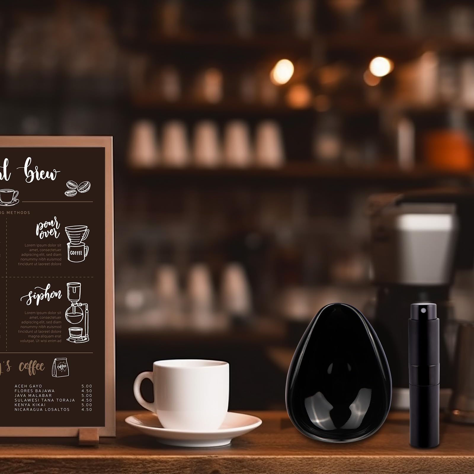 Kaffeebohnen-Dosierbecher und Sprühflasche Set – Keramik-Espresso-Zubehör-Set, 8 ml statisch reduzierender Sprüher für Camping, Fitnessstudio, Heimgebrauch, Barista-zugelassene Dosierwerkzeuge