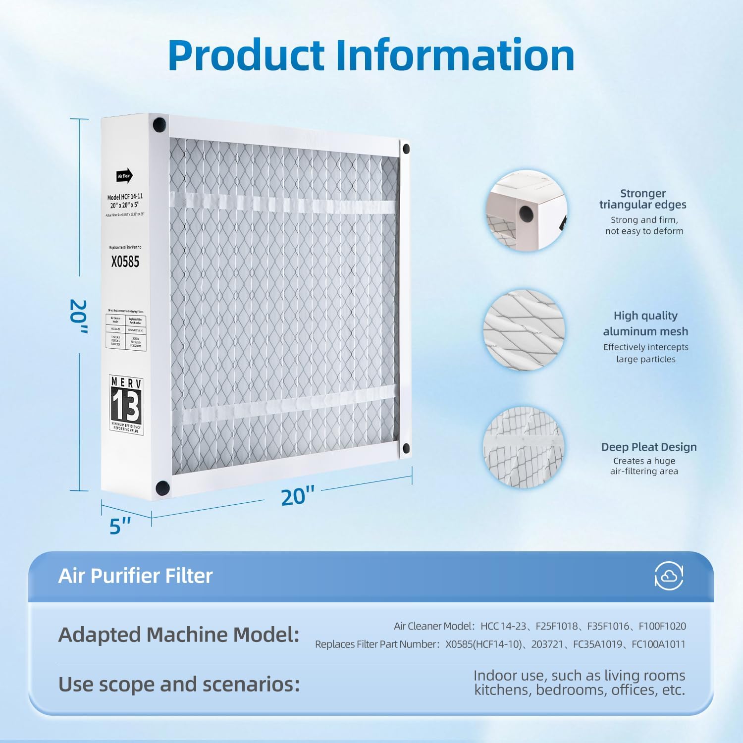 X0585 Filter Replacement 20x20x5 Compatible with Lennox X0585 HCF14-11 for Honeywell FC100A1011, MERV 13 Furnace HVAC Foldable