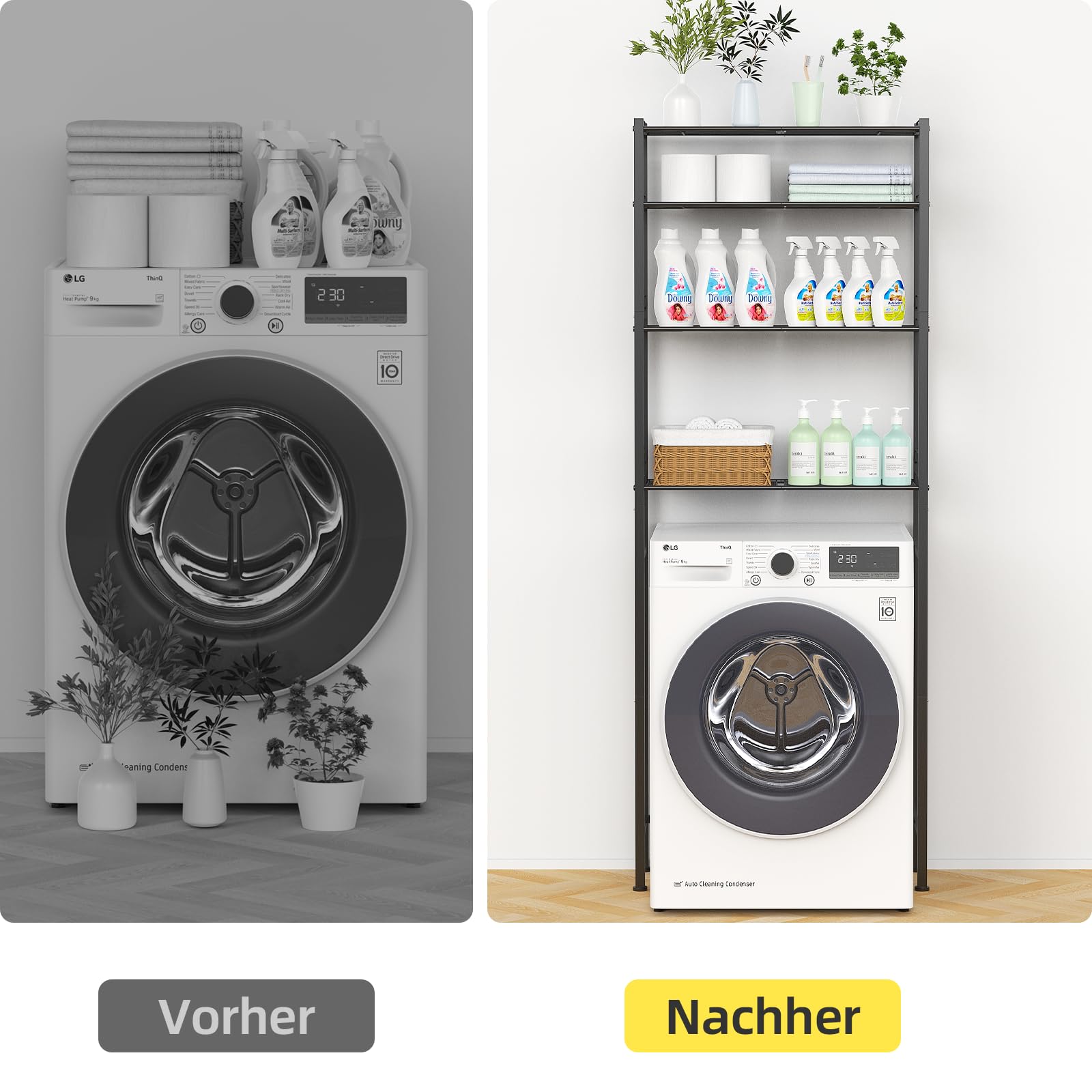 OUTWOLF Waschmaschinenregal Waschmaschinenschrank Überbauschrank ohne Bohren 4 Ebenen Badezimmerregal, Hochkohlenstoffstahl Toilettenregal, Platzsparender Badezimmerträger, Schwarz