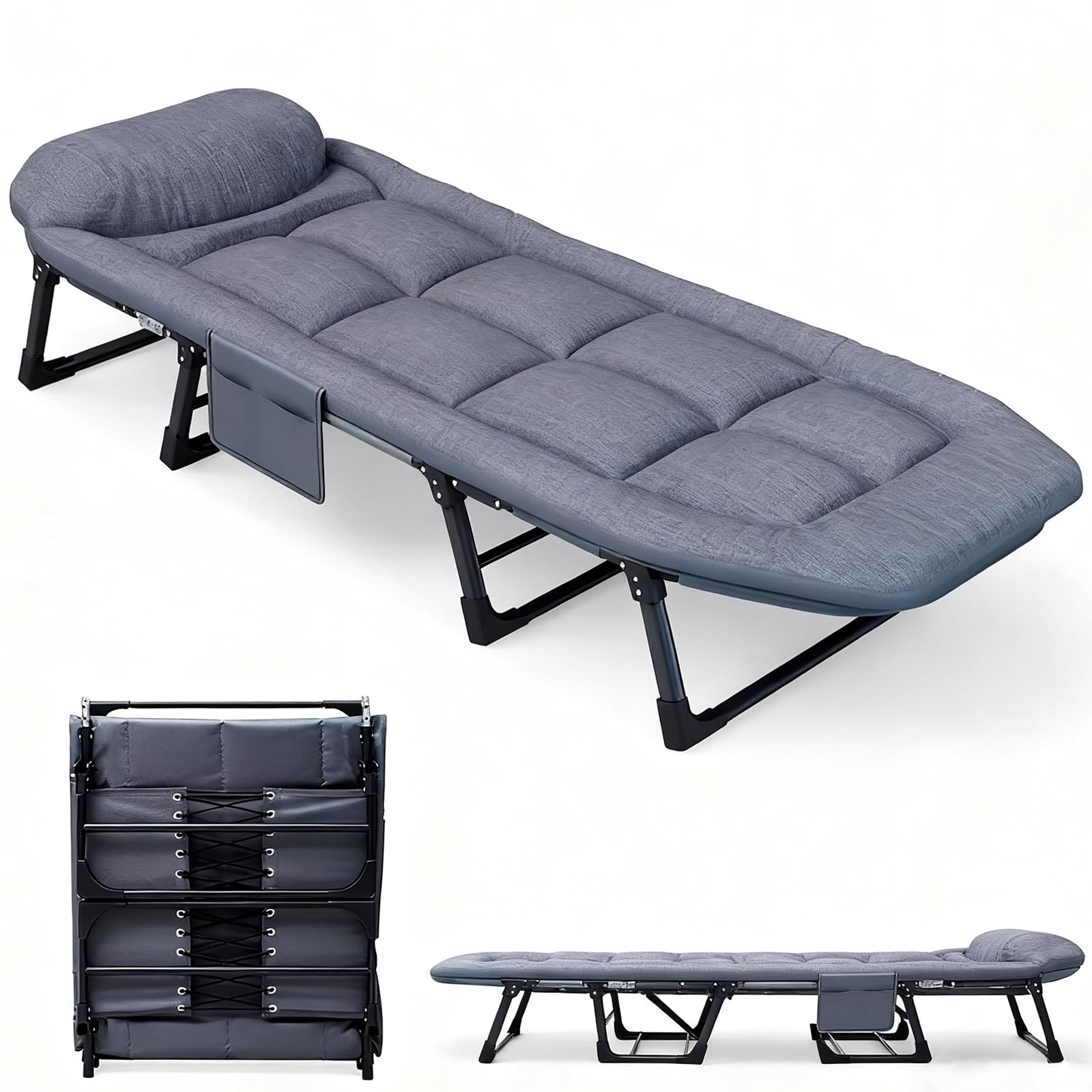 Letto Campeggio Adulti con Cuscino, Lettini da Campeggio, Letto Pieghevole Portatile per Dormire, Brandina Pieghevole con Materasso, Schienale Regolabile a 6 Livelli, Supporta(70cm)