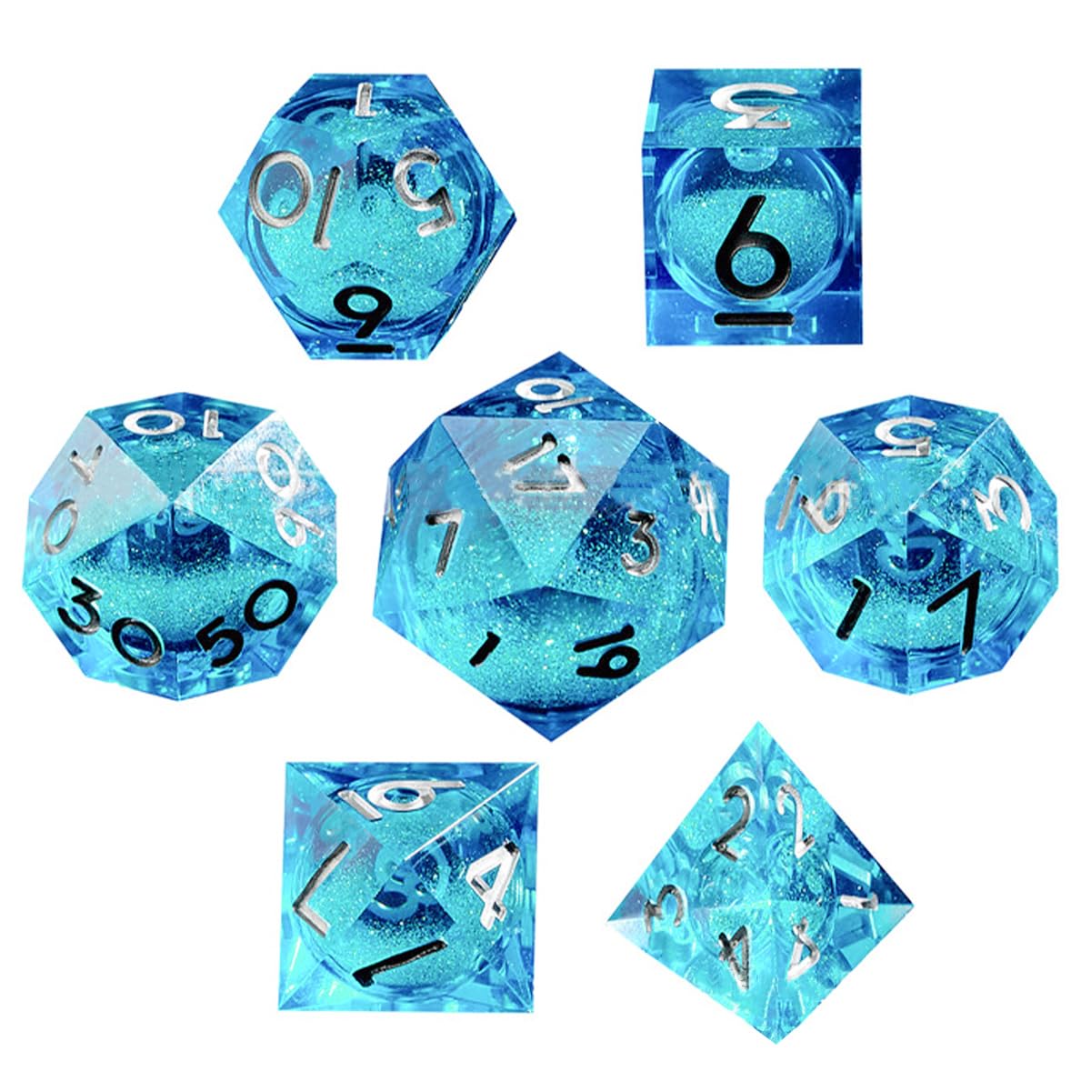 Sarini 7-teiliges Würfelset mit Flüssigkern und Kunstharz,scharfe Kanten,polyedrische DND-Würfel für Dungeons and Dragons,RPG,MTG-Tischspiele (Goldblau)