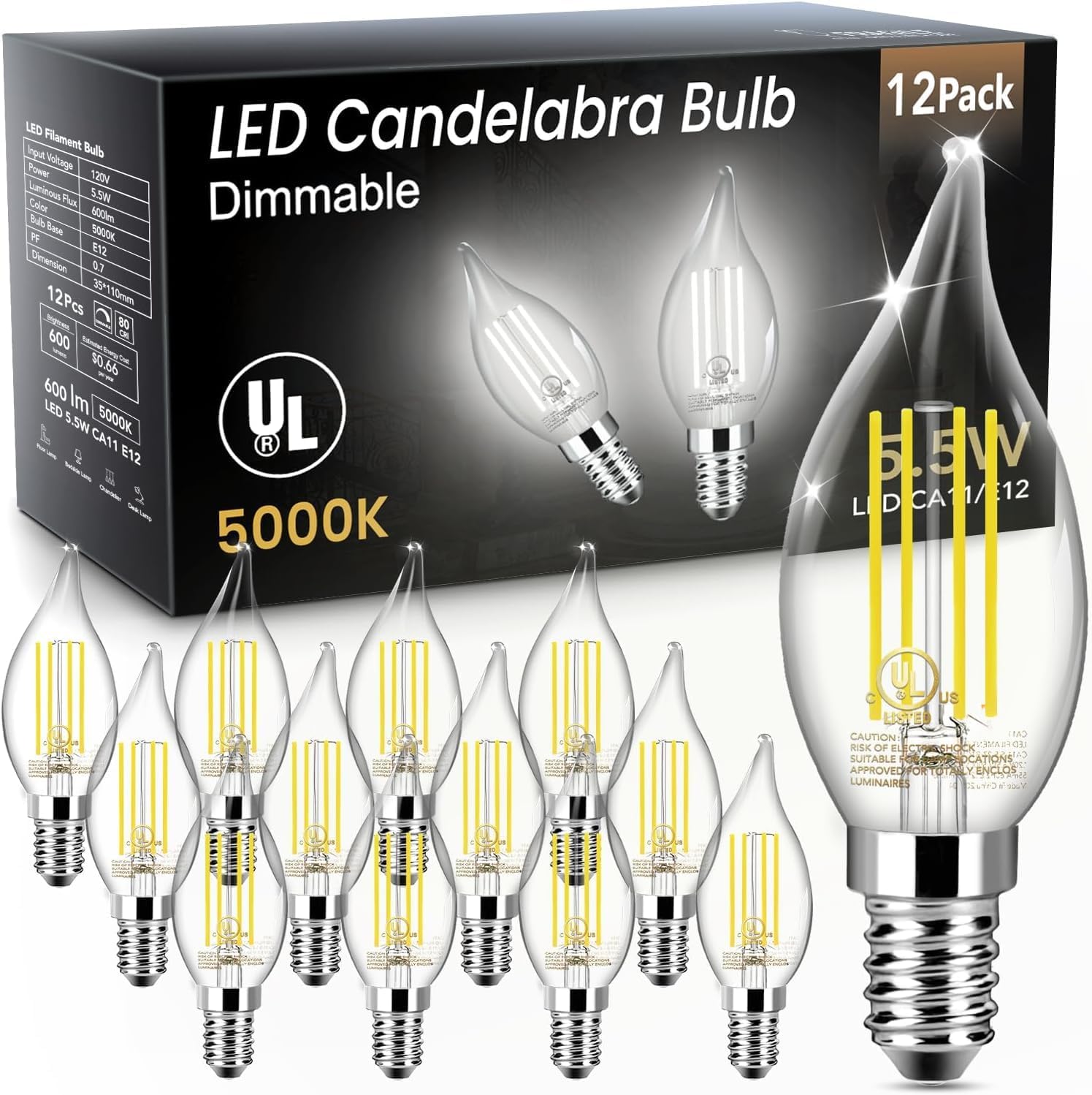 TJOY LED Candelabra Bulb Dimmable, 60W Equivalent LED Chandelier Light Bulbs, 5.5W 5000k Daylight 600LM CA11 Flame Tip Vintage Filament Candle Light with Decorative E12 Candelabra Base, 12 Pack 12 Pack 5000k Daylight White