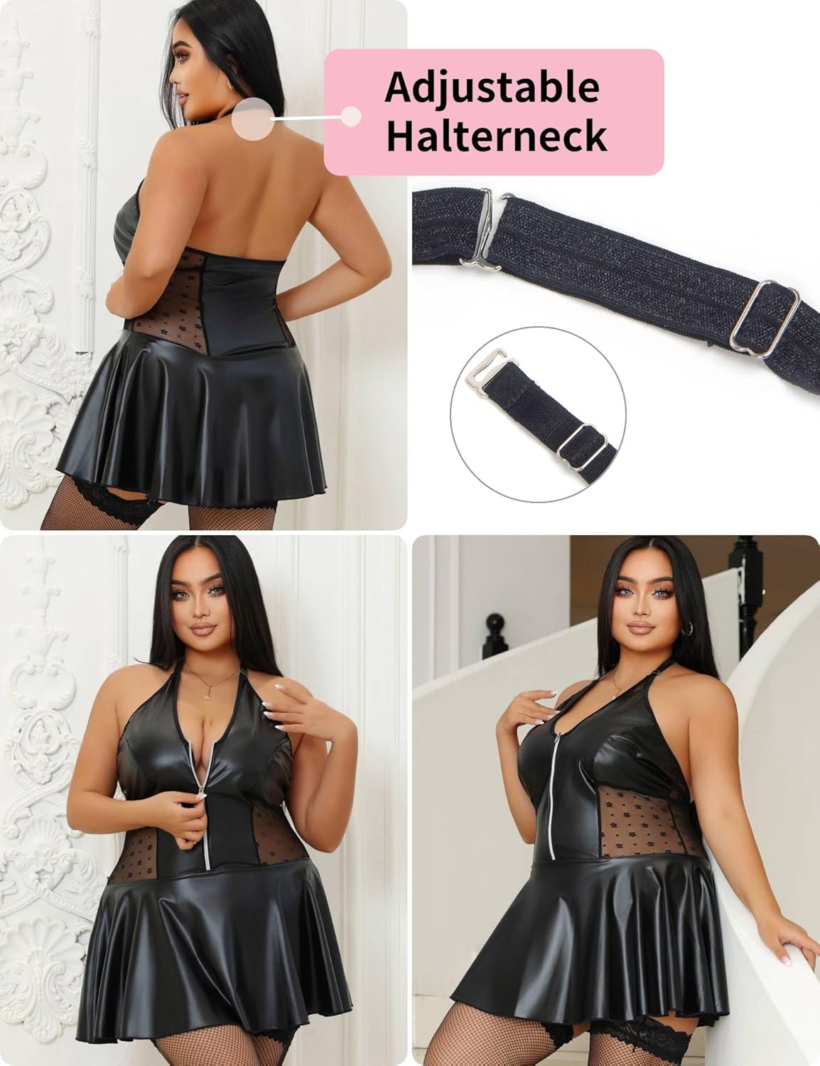 ohyeah PU Leather Lingerie Set for Women Plus Size Lingerie with Garter Belt Mini Club Dress Halter Chemise Fit S-2XL - Image 7