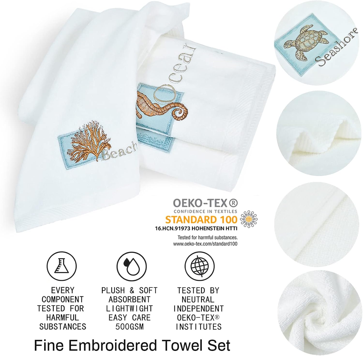 LIlianna Starfish and Seashell 3 Piece Towel Set 100% Cotton | 1 Bath Towel, 1 Hand Towel, 1 Washcloth | Supersoft, Highly Absorbent & Quick Dry (White, Sea Turtle)