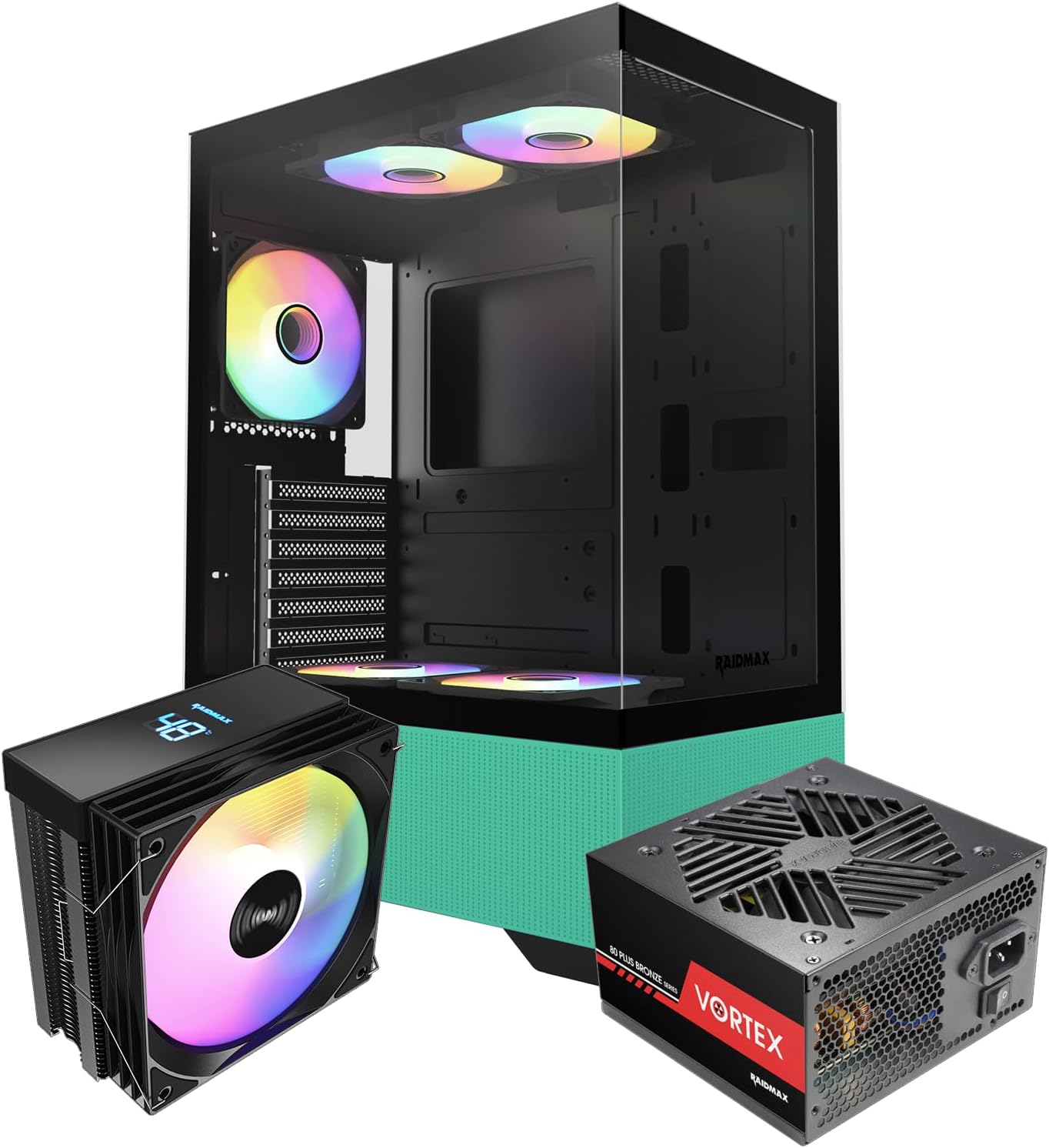 Raidmax i802 Vibe Series ATX Mid Tower Gaming Case Bundle – Tempered Glass Side Panel, Includes 700W 80+ Power Supply, AM1204 Digital Display Air Cooler, and 5 Pre-Installed FRGB Fans (White)