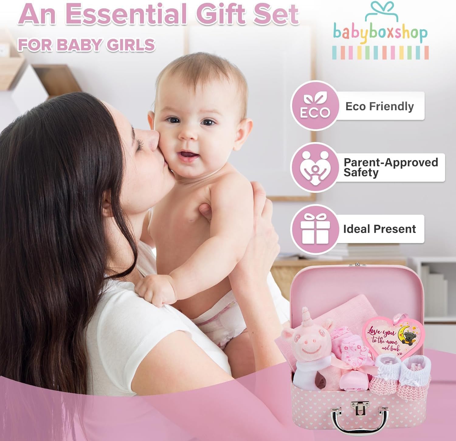 Baby Box Shop Baby Girl Gift Set Newborn Essentials in a Keepsake Box - All-in-One Ready-to-Gift Baby Shower Gift for Girls with Rattle Bib Booties Mittens Hat Muslin Cloth - Premium Baby Girl Hamper — view 5