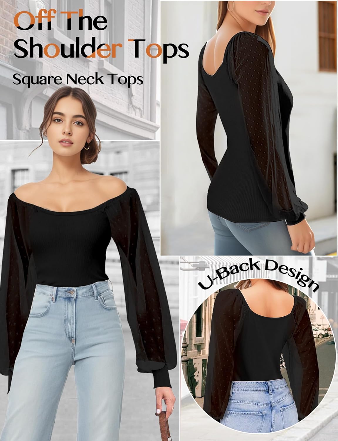 Womens Mesh Long Sleeve Shirts Tops, Square Neck Puff Sleeve Blouses Shirts for Women, Going Out Blouses Fall Tunic Top - Image 3