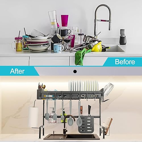 Miniatura 5 de GlowSol Escurridor de platos de acero inoxidable para colocar sobre el fregadero, escurridor de platos multifuncional ajustable para almacenamiento