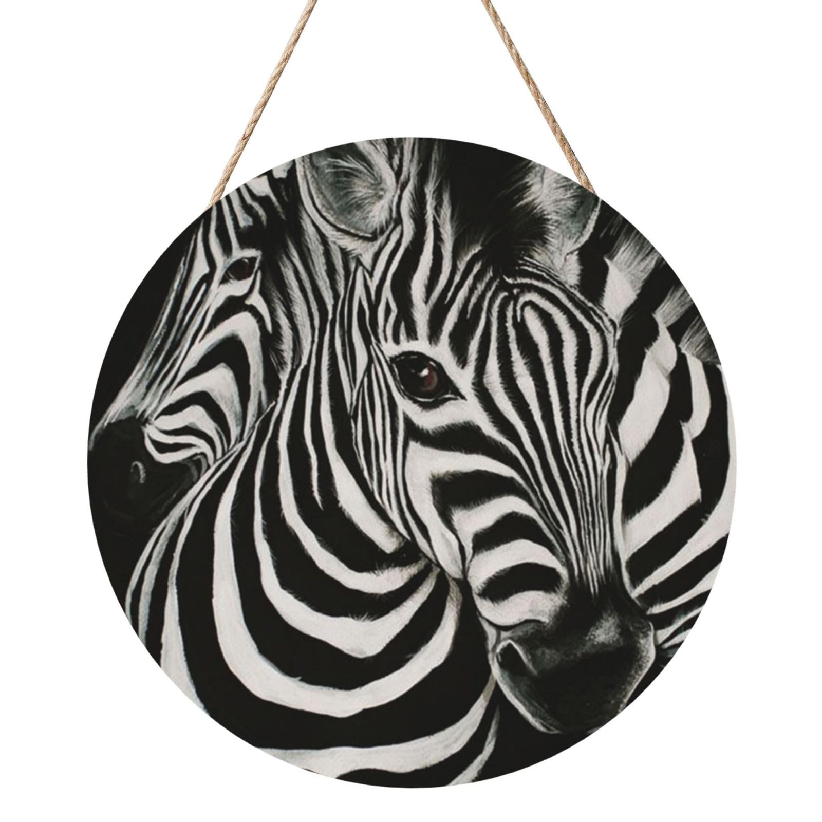 InOmak Zebra Stripes Black And White Printed, Round Wood Panel Painting 12 in, Wall Hanging Painting For Home