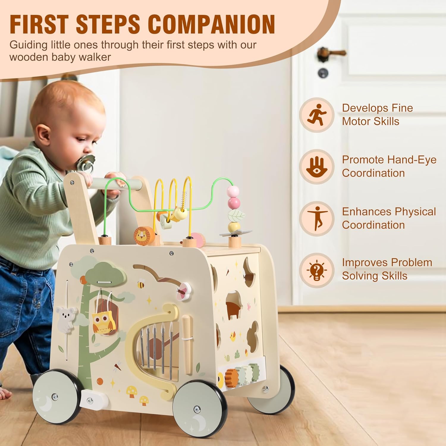 Wooden Activity Cube Push Walker, Wooden Baby Walker, Montessori Push Toys for Babies Learning to Walk & Sit-to-Stand - Image 2