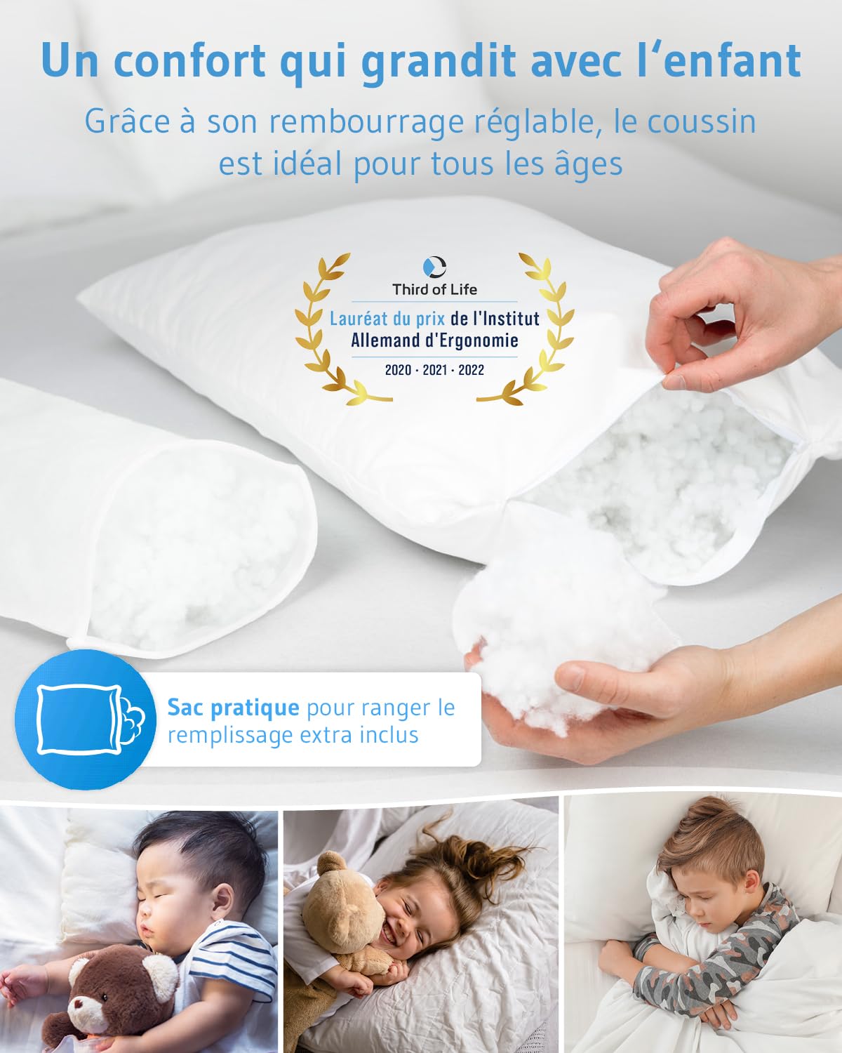 Third of Life Oreiller pour Enfant 40x60 Oeko-TEX® | Hauteur réglable pour Les différentes étapes de la Croissance à partir de 3 Ans | Coussin Durable, Housse en Coton Bio | Lavable en Machine