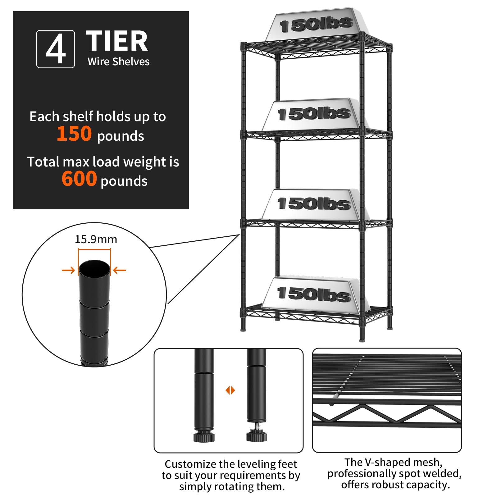 Golpart Estanterias Almacenaje, Estante Ajustable de 4 Niveles