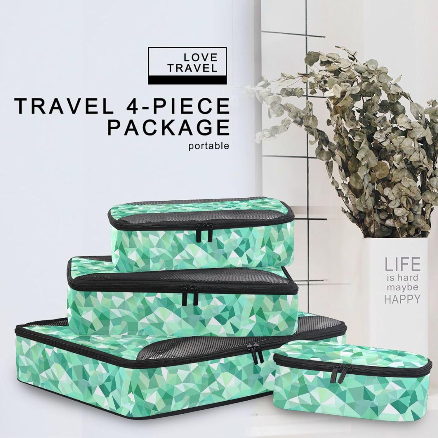 Green Irregular Triangle 4 Pcs set travel organizers for Mesh Travel Essentials expandable set compression packing cubes
