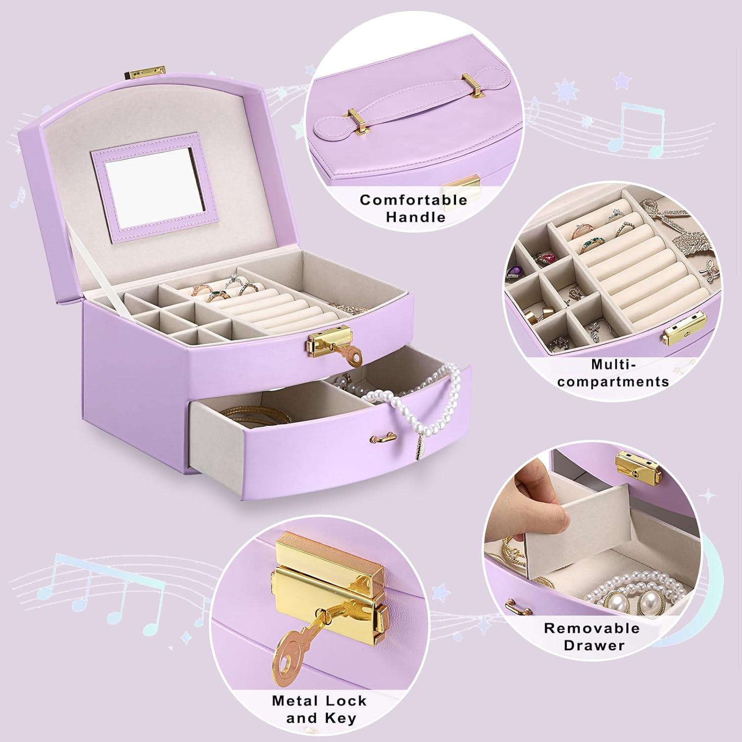 ELLDOO Musical Jewelry Box with Drawer, Purple Music Box Keepsake Box, Small Trinket Jewelry Storage Box Gift for Girls Women (Tune: You are My Sunshine)
