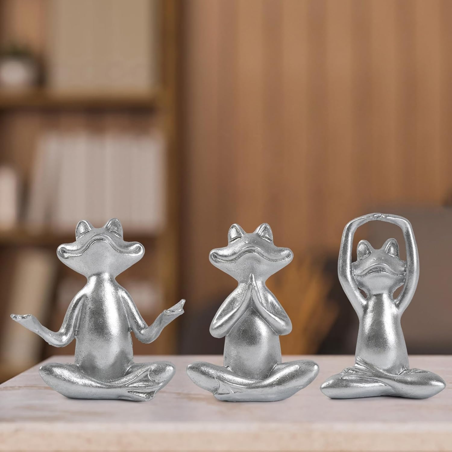 Suoedd Silver Frog Figurines Yoga Decor Set of 3 –Frog Yoga Statues for Modern Living Room Table Office Bookshelf Shelves Home Sculptures Decor, for Mom Dad Women - Image 3