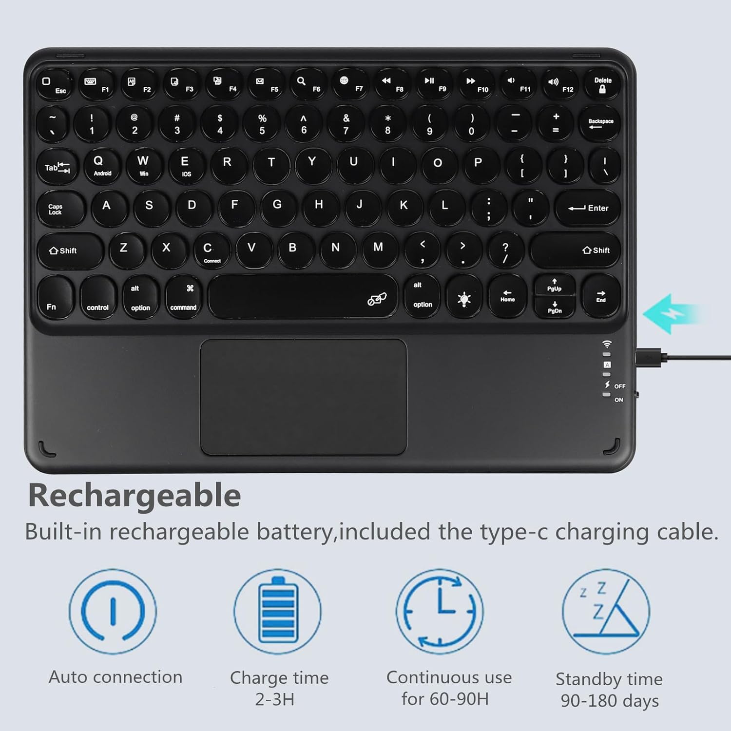 Diagram showing the dimensions of the Sunffice Bluetooth Keyboard and a tablet, along with the keyboard's weight.