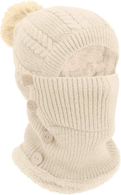 TAGVO Winter Warm Knitted CapNeck Warmer Sets,Flexible Knit beanie Hat With Hairball,Soft Thick Fleece Lined,Women Adjustable Face Mask For Outdoor Sports,Winter Gift