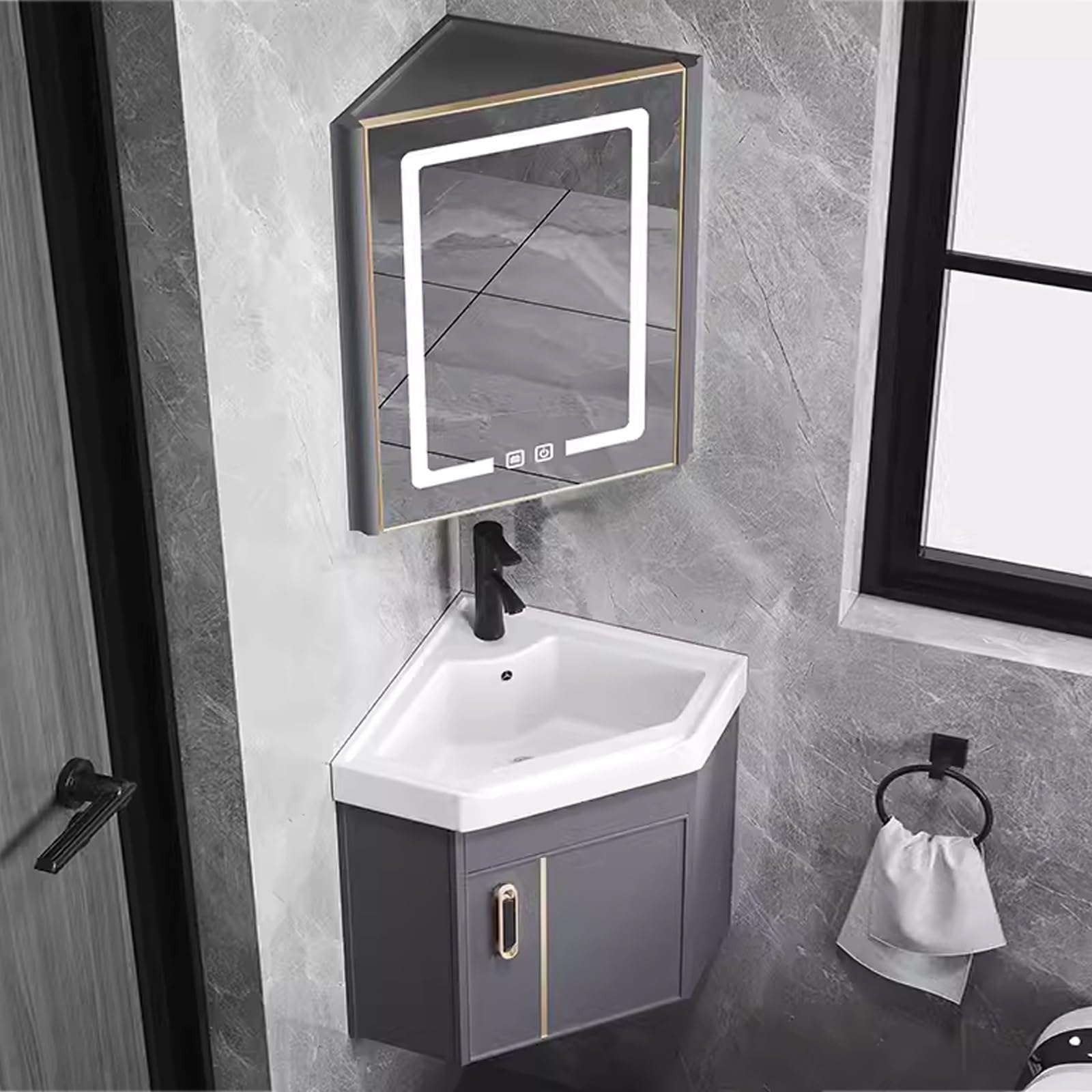 DFGHNBVC Wall Mounted Bathroom Vanity Combo With Ceramic Sink And Led Anti-Fog Mirror, Space-Saving Solution For Home And Kitchen,Grey-42Cm