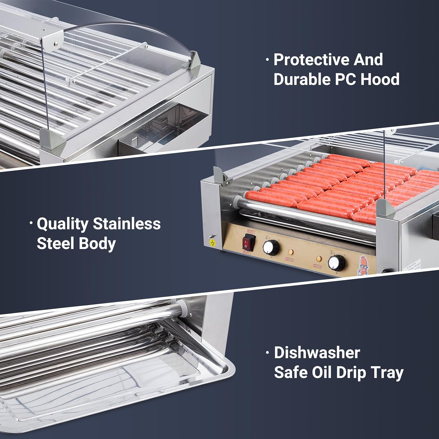 Hot Dog Roller - Sausage Grill Cooker Machine, Stainless Steel Hotdog Roller Grill and Bun Warmer With Glass Cover & Removable Drip Tray, Dual Temp Control, for Commercial Household (11 Roller 1650W)