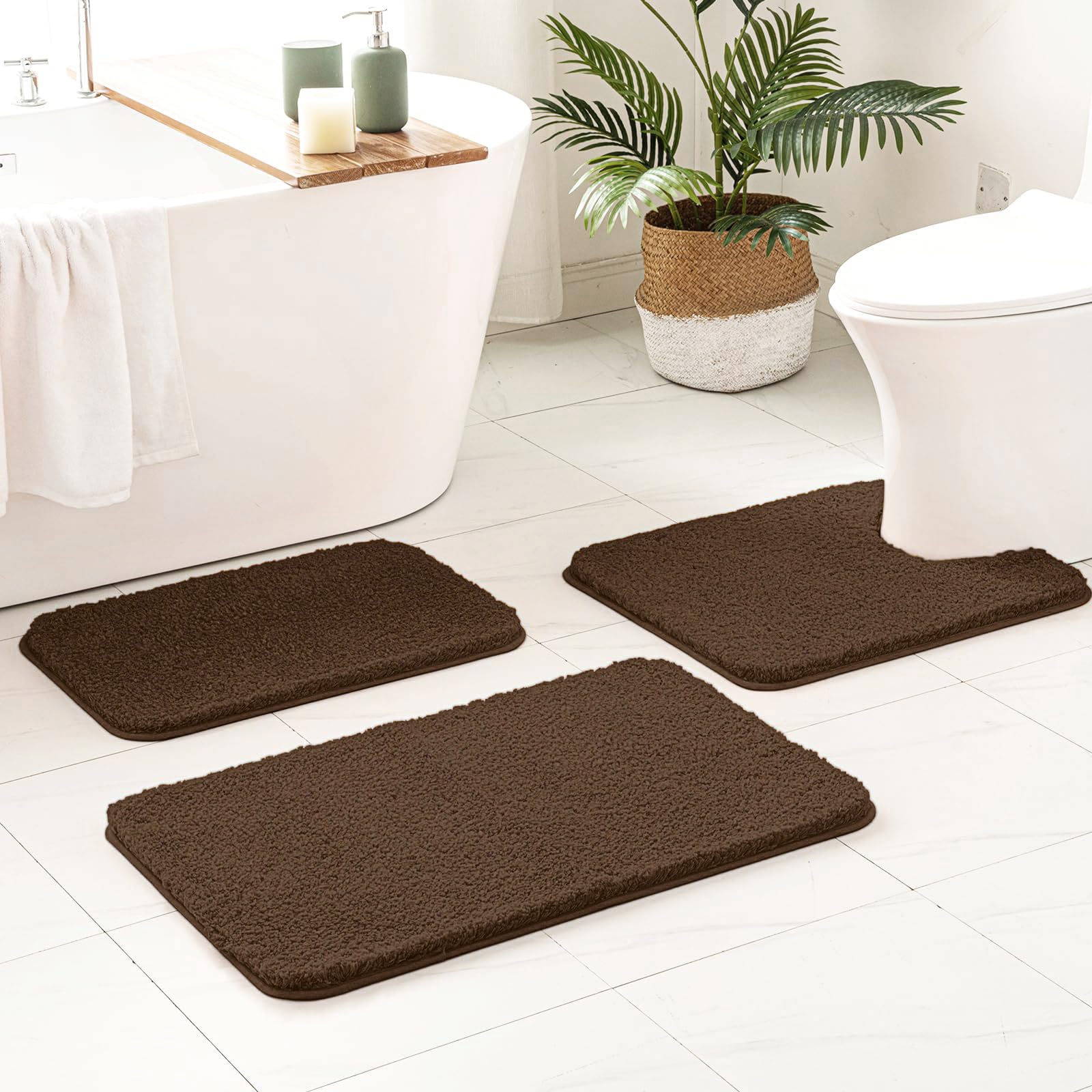 MIULEE Bathroom Rugs Sets 3 Piece Including U Shaped Toilet Rug - Soft Absorbent Bath Mats Set with Non Slip Rubber Backside, Machine Washable - Brown
