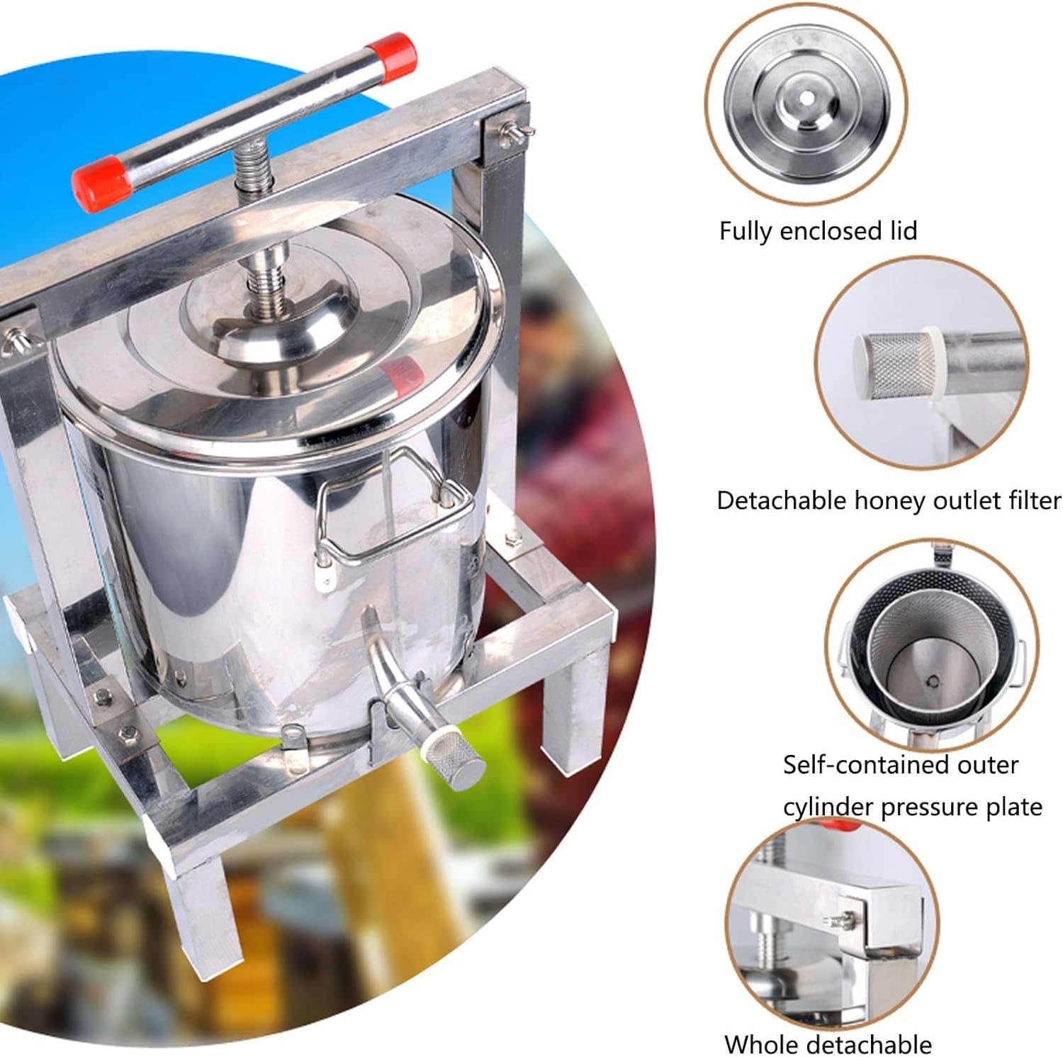 Extractor de miel manual, separador, prensa de acero inoxidable, 10 L, máquina extractora, apicultura, prensa doméstica manual de acero inoxidable, para apicultura y agricultura.