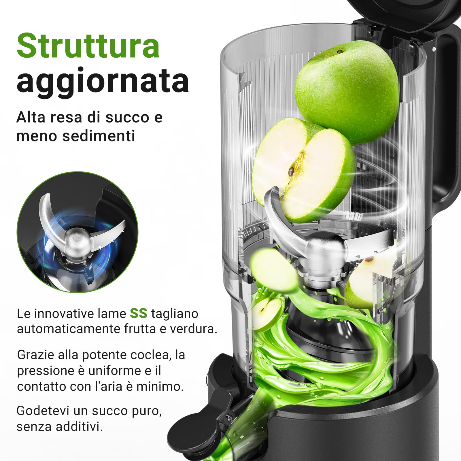 AOBOSI Estrattore frutta e verdura, 126MM XXL Grande Canale di Alimentazione per Frutta e Verdura Intere - Capacità 1,5L, 200 W Slow juicer, Triplo Filtro, Nero