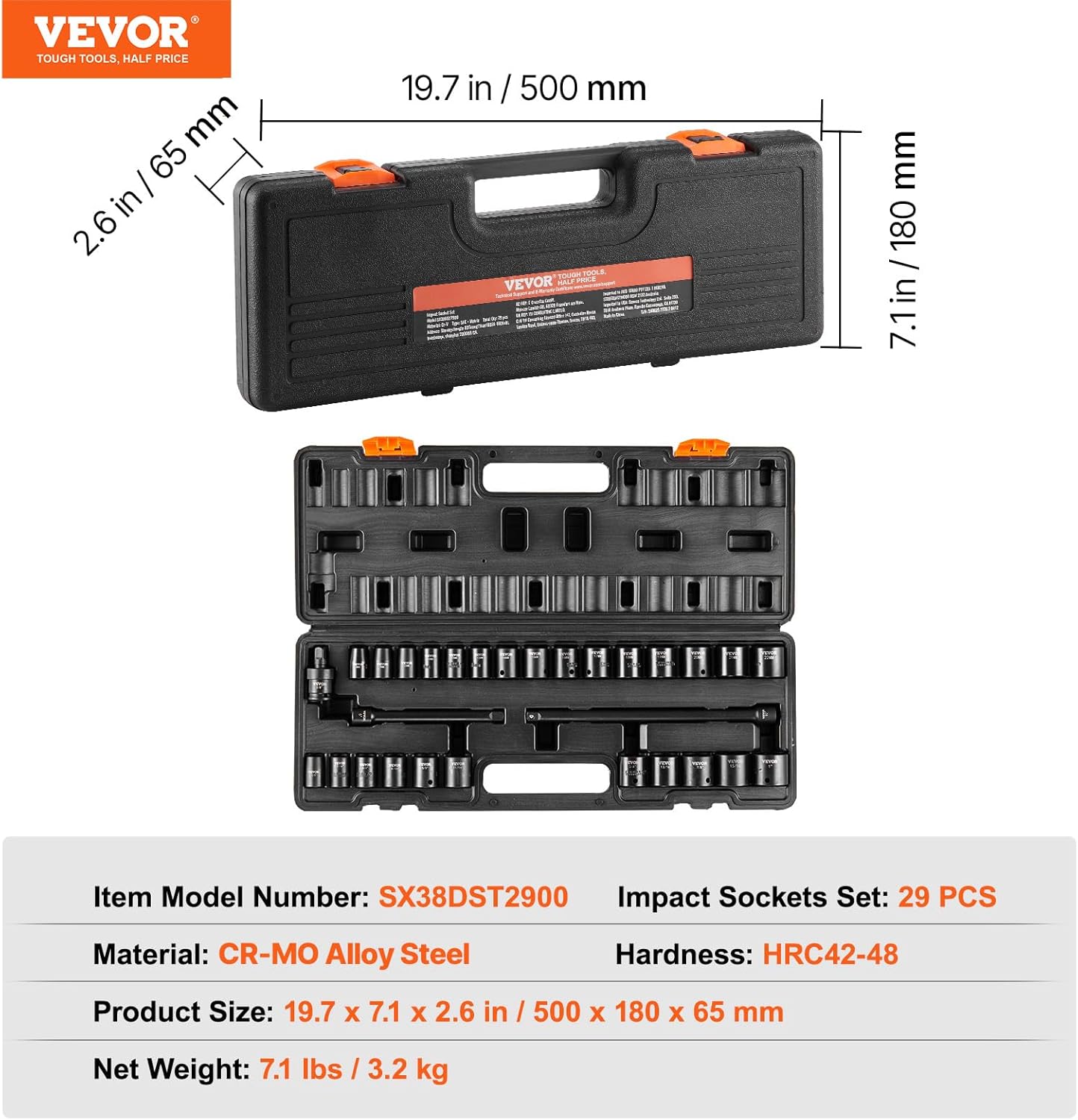 VEVOR 3/8" Drive Impact Socket Set, 29 Piece Shallow Socket Set SAE 3/8"-1" and Metric 8-22mm, 6 Point CR-V Alloy Steel for Auto Repair, Easy-to-Read Size Markings, Rugged Construction, Storage Case