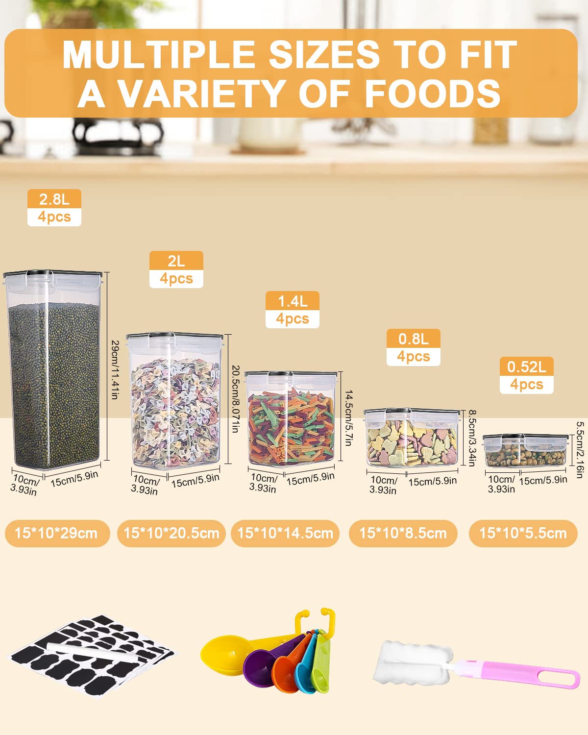 heuchaey Contenitori Alimentari per Cereali Set 20 Pezzi,Contenitori Plastica con Coperchio,Spazzole，Etichette e cucchiai，Barattoli Ermetici per Cereali,Muesli,Pasta（2.8L 2L 1.4L 0.8L 0.52L）
