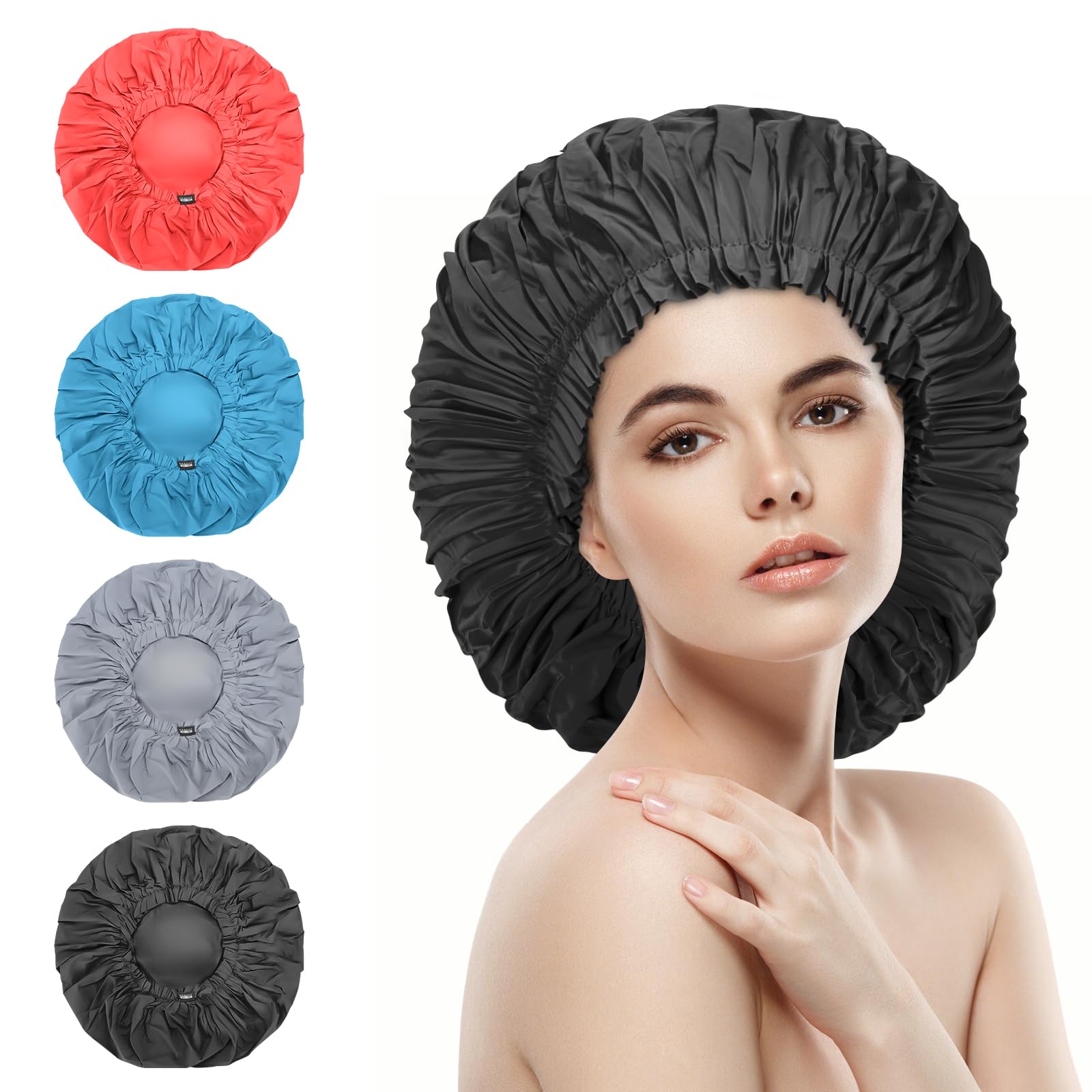 ELEBOX 4 Pack Premium Collection Super Jumbo Shower Cap Extra Large Shower Caps for Braids Shower Bonnets Women Waterproof Hair Caps for Spa Salon